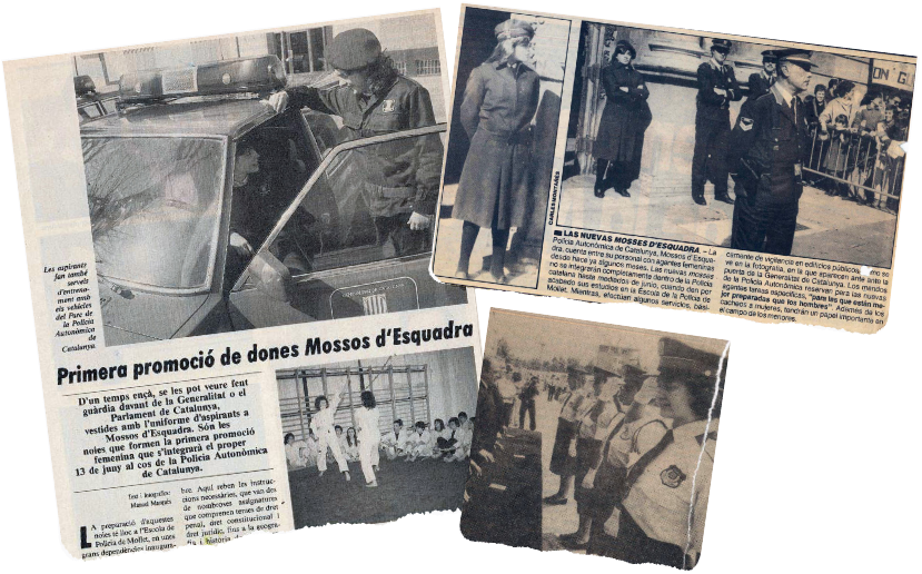 Retalls de premsa, en blanc i negre, que parlen sobre la primera promoció de dones al cos de Mossos d’Esquadra.